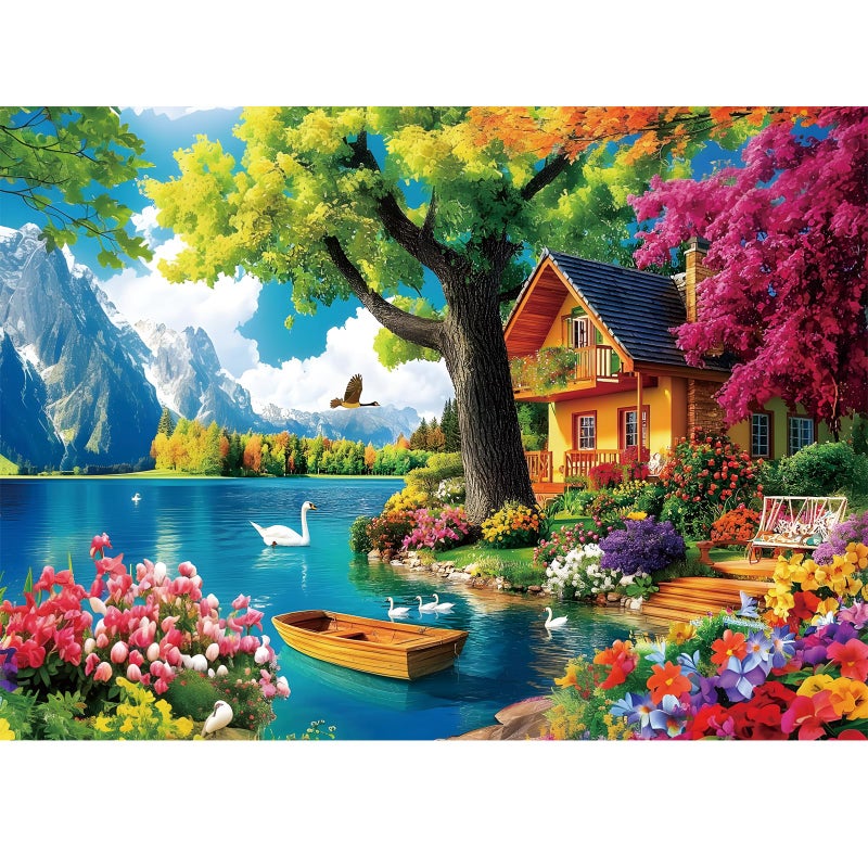 Edsjegn 300 Piece Puzzles for AdultsVintage Lake House Jigsaw Puzzle for Adults Kids ElderlyLarge Piece Tree Puzzle for Kids Age 810 1012Challenging Landscape PuzzleFamily Game Great Gift 205x15in - Image 3