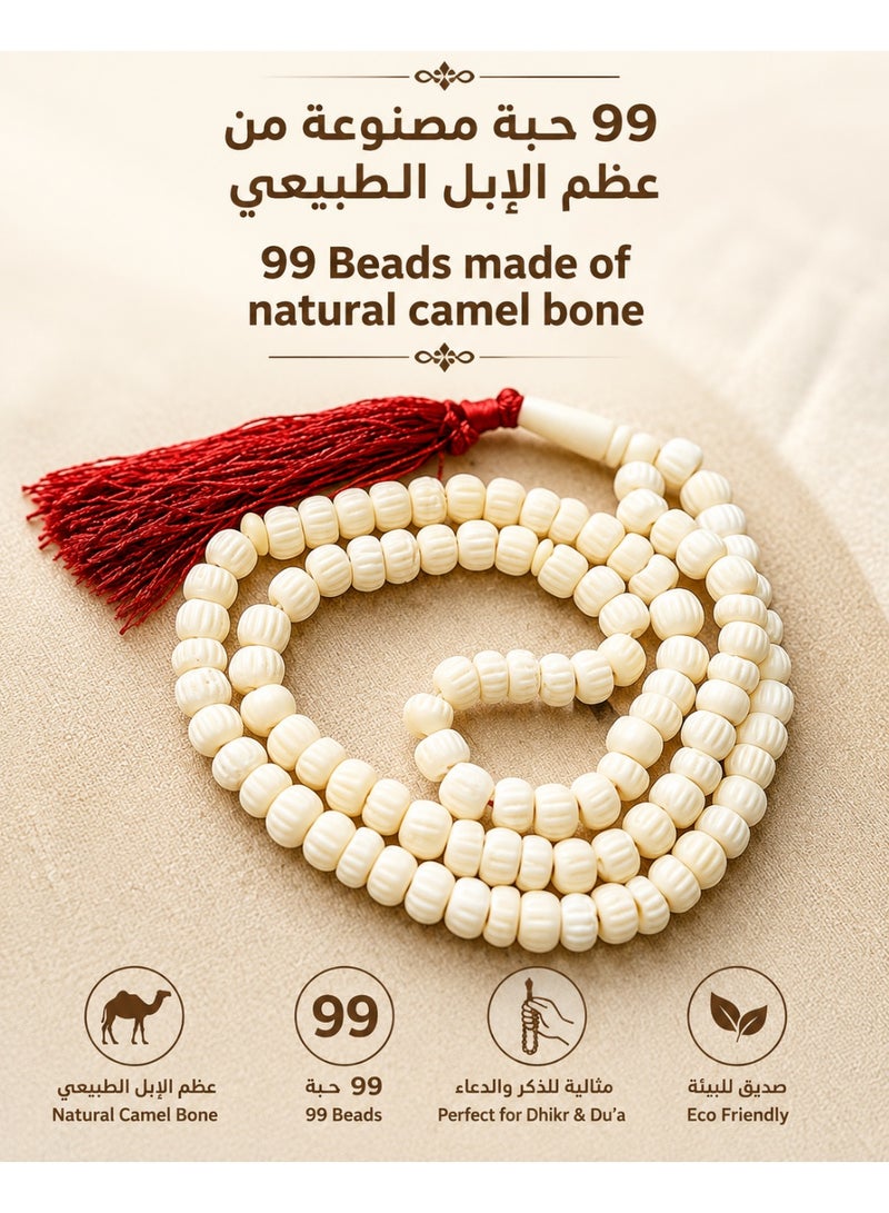 99 Beads Natural Camel Bone Prayer Tasbih – Handmade Islamic Misbaha with Premium Red Tassel for Dhikr & Gift - Image 1
