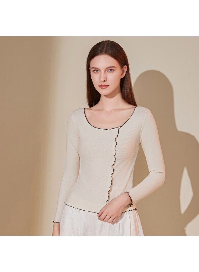 Top melon Dingguagua Dingguagua Women's Thermal Underwear Cotton Ribbed Ruffled Large Round Neck Women's Thermal Base Shirt Off-white 175 - Image 1