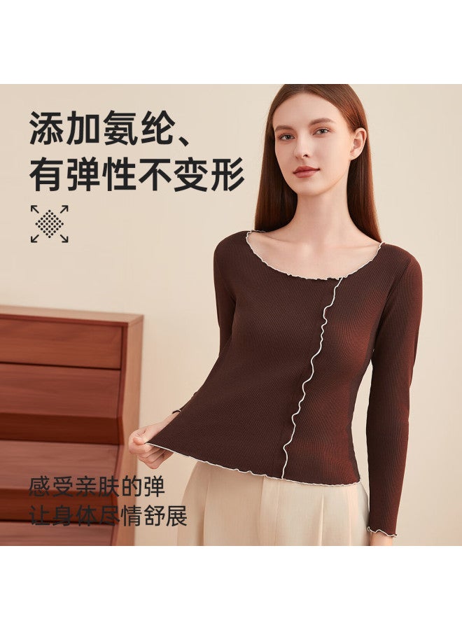 Top melon Dingguagua Dingguagua Women's Thermal Underwear Cotton Ribbed Ruffled Large Round Neck Women's Thermal Base Shirt Off-white 175 - Image 2