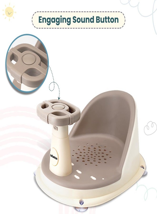 Infantso Baby Bath Seat for 0–24  Months | Newborn Baby Bather | Bath Chair for Newborns, Anti‑Slip Suction Base, Ergonomic Backrest & Safety Support with engaging sound button | Soft Padded Baby Bath Seat | Easy - Clean Infant Bathing Chair – BPA Free (Grey) - Image 4