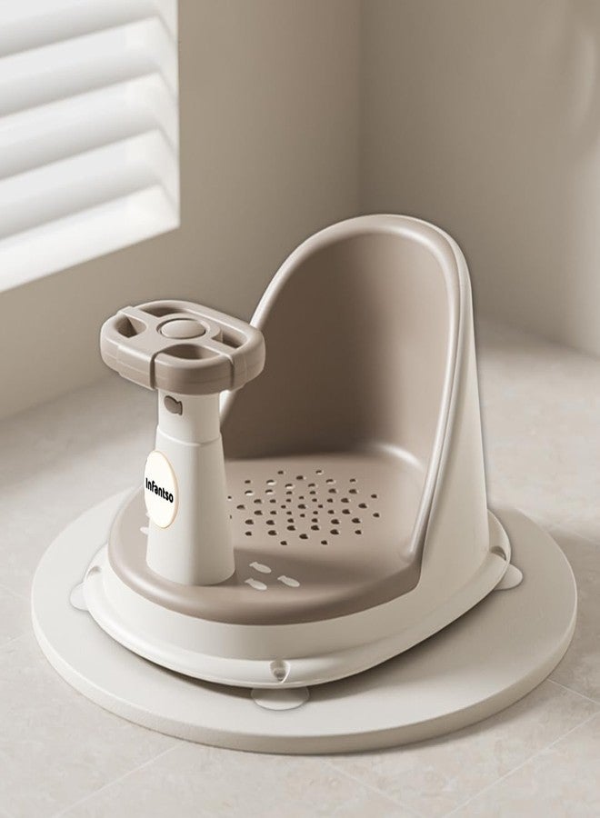 Infantso Baby Bath Seat for 0–24  Months | Newborn Baby Bather | Bath Chair for Newborns, Anti‑Slip Suction Base, Ergonomic Backrest & Safety Support with engaging sound button | Soft Padded Baby Bath Seat | Easy - Clean Infant Bathing Chair – BPA Free (Grey) - Image 1