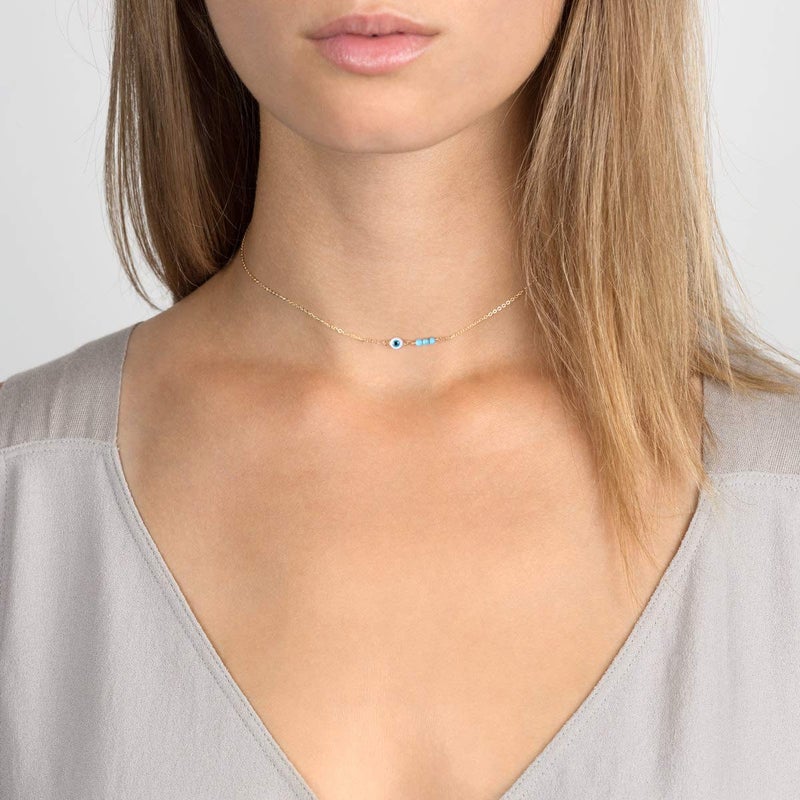 Mevecco قلادة حماية العين الشريرة الرقيقة من MEVECCO، مطلية بالذهب عيار 14، قلادة يدوية الصنع لطيفة ورقيقة مع خرز صغير للنساء - Image 3