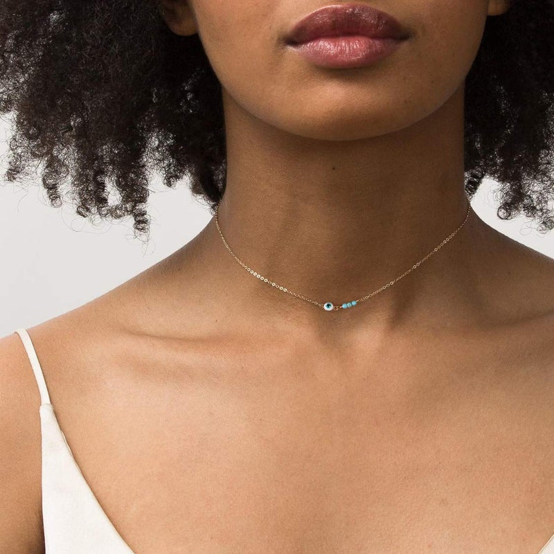 Mevecco قلادة حماية العين الشريرة الرقيقة من MEVECCO، مطلية بالذهب عيار 14، قلادة يدوية الصنع لطيفة ورقيقة مع خرز صغير للنساء - Image 4