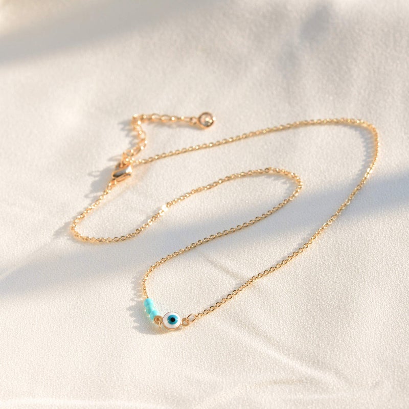 Mevecco قلادة حماية العين الشريرة الرقيقة من MEVECCO، مطلية بالذهب عيار 14، قلادة يدوية الصنع لطيفة ورقيقة مع خرز صغير للنساء - Image 5