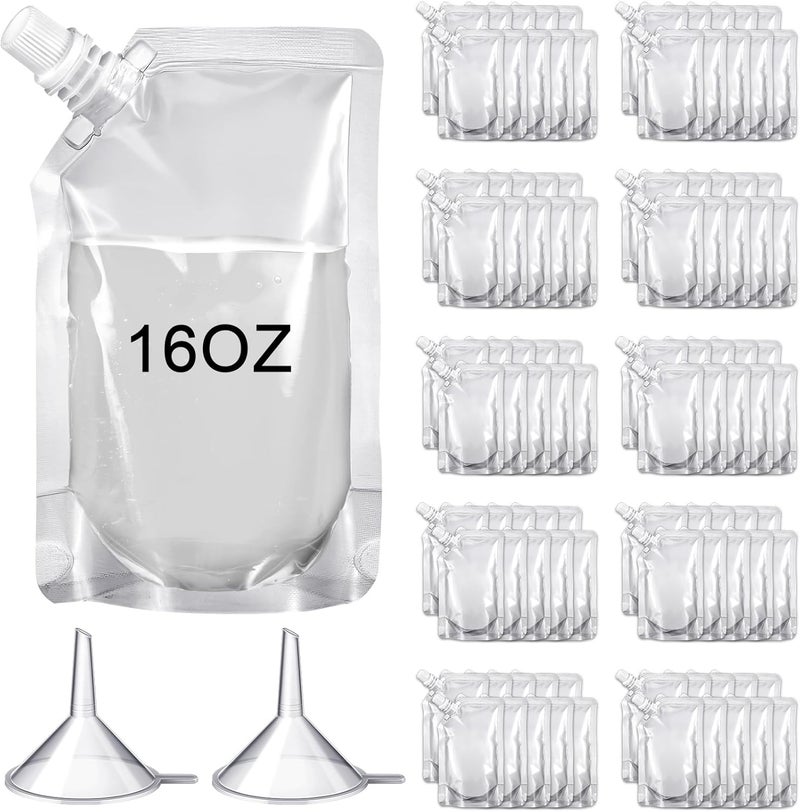 Meanplan 100 Pcs Plastic Pouches Bulk Reusable Squeeze Pouches Clear Plastic Juice Leak Proof Bags with Funnel for Party Favors Supplies(16 oz,Inclined Mouth) - Image 1