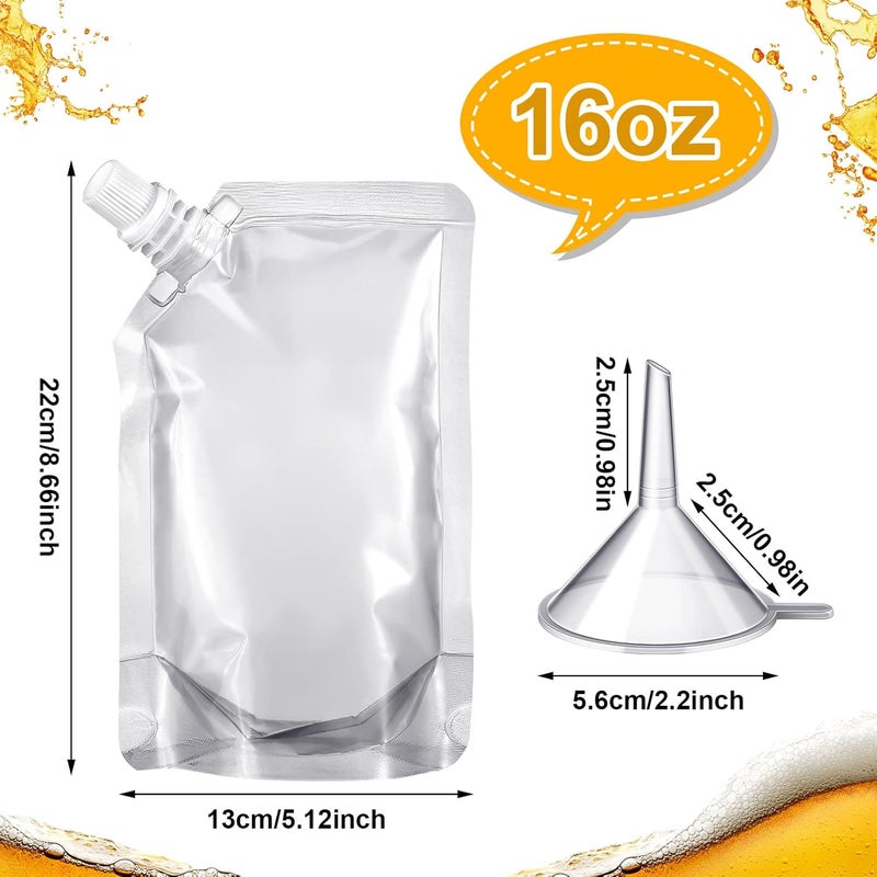 Meanplan 100 Pcs Plastic Pouches Bulk Reusable Squeeze Pouches Clear Plastic Juice Leak Proof Bags with Funnel for Party Favors Supplies(16 oz,Inclined Mouth) - Image 2