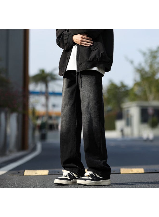 Maybeyond Men's Loose Straight Leg Jeans Spring Autumn Winter American Style Casual Wide Leg Pants Ma74 Black Gray L - Image 4