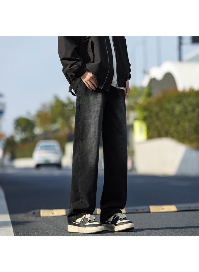 Maybeyond Men's Loose Straight Leg Jeans Spring Autumn Winter American Style Casual Wide Leg Pants Ma74 Black Gray L - Image 1