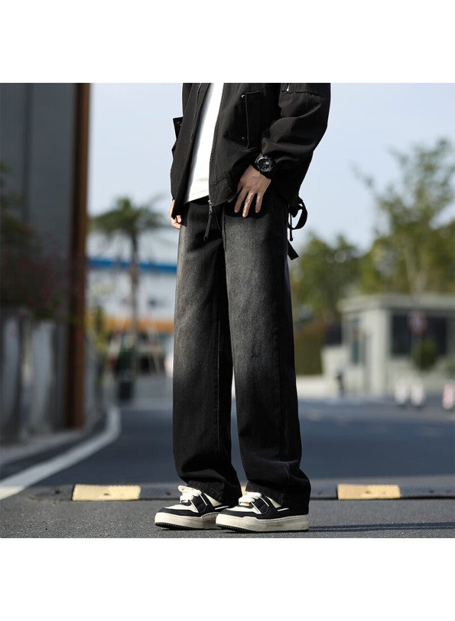 Maybeyond Men's Loose Straight Leg Jeans Spring Autumn Winter American Style Casual Wide Leg Pants Ma74 Black Gray L - Image 5