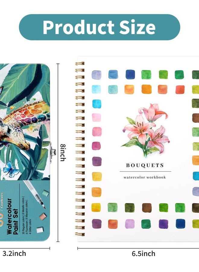 Joyask Watercolor Workbook, Water Coloring Book, 12 Different Patterns of Original DIY Designs, 50 Colors Watercolor Paint Set with Palette and Brush, Beginner-Friendly Watercolor Workbooks (Bouquets) - Image 2