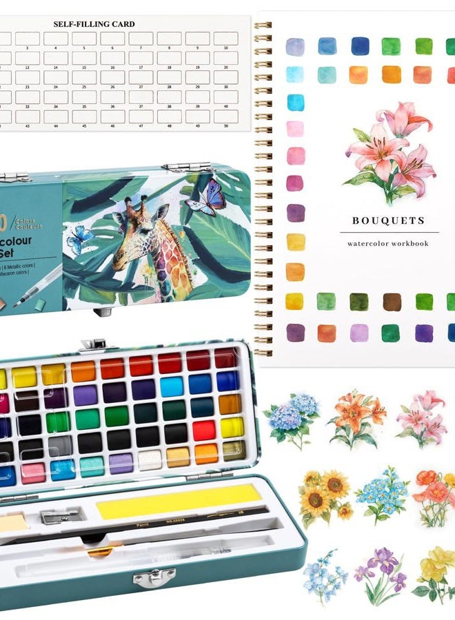 Joyask Watercolor Workbook, Water Coloring Book, 12 Different Patterns of Original DIY Designs, 50 Colors Watercolor Paint Set with Palette and Brush, Beginner-Friendly Watercolor Workbooks (Bouquets) - Image 1