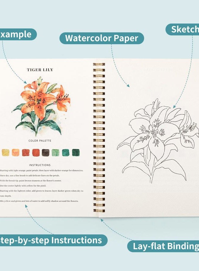 Joyask Watercolor Workbook, Water Coloring Book, 12 Different Patterns of Original DIY Designs, 50 Colors Watercolor Paint Set with Palette and Brush, Beginner-Friendly Watercolor Workbooks (Bouquets) - Image 4