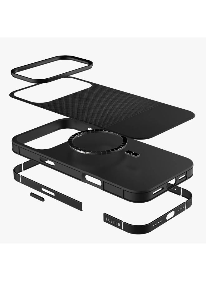 ليفيلو جراب MagSafe لهاتف iPhone 17 Pro Max مصنوع من الجلد مع قبضة مريحة وجلد PU فاخر / مصد مقاوم للصدمات / إطار من سبائك الألومنيوم للكاميرا والأزرار / مغناطيس قوي - أسود فانتوم - Image 2