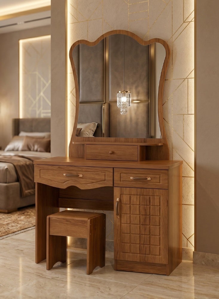 Karnak Boon Oak Dressing Table with Mirror | Storage Drawers and Cabinet | Wooden Vanity Table with Stool | Modern Compact Makeup Table for Bedroom Furniture - Image 1