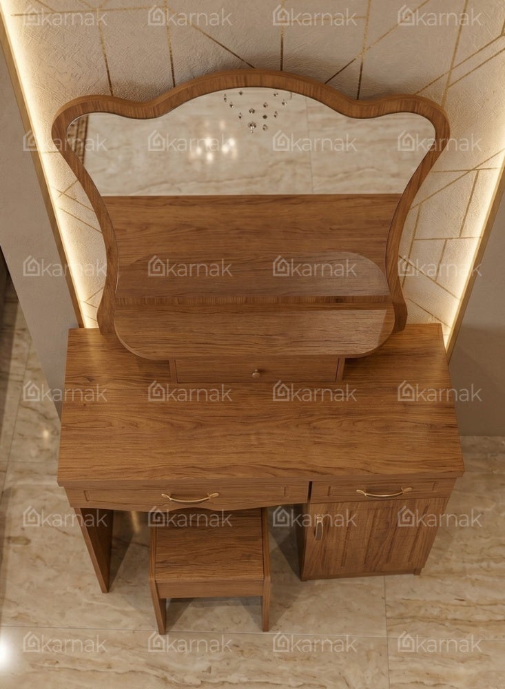 Karnak Boon Oak Dressing Table with Mirror | Storage Drawers and Cabinet | Wooden Vanity Table with Stool | Modern Compact Makeup Table for Bedroom Furniture - Image 4
