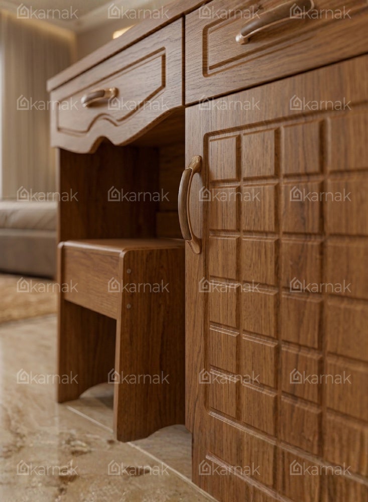 Karnak Boon Oak Dressing Table with Mirror | Storage Drawers and Cabinet | Wooden Vanity Table with Stool | Modern Compact Makeup Table for Bedroom Furniture - Image 3