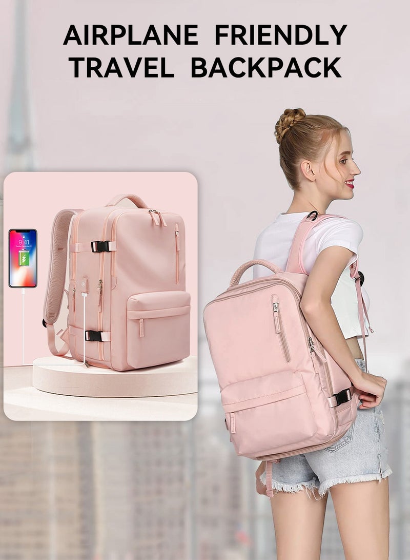 Moovant Large Expandable Backpack for Women, Casual Travel Backpack, Hiking Backpack, Waterproof Outdoor Sport Rucksack, School Bag, Multifuctional Luggage Bag, with USB Charge Port and Shoe Compartment, Pink  - Image 2