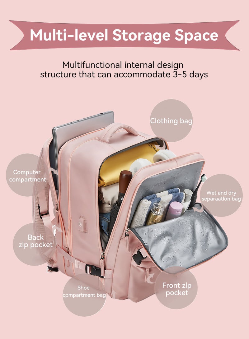 Moovant Large Expandable Backpack for Women, Casual Travel Backpack, Hiking Backpack, Waterproof Outdoor Sport Rucksack, School Bag, Multifuctional Luggage Bag, with USB Charge Port and Shoe Compartment, Pink  - Image 3