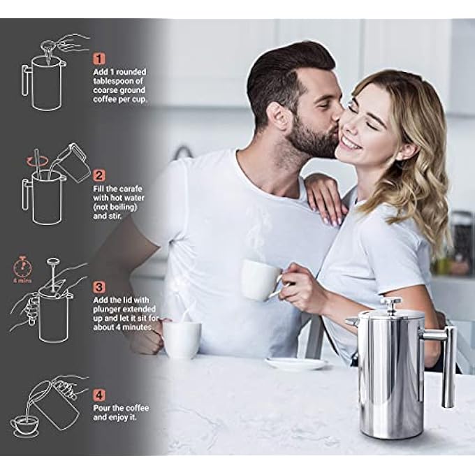 يو-هومي ماكينة تحضير القهوة الفرنسية ذات الجدار المزدوج والمعزولة بالمعدن، وماكينات تحضير الشاي والقهوة مع نظام ترشيح من 4 مستويات، مقاومة للصدأ، آمنة للاستخدام في غسالة الأطباق، سعة 350 مل و12 أونصة - Image 5