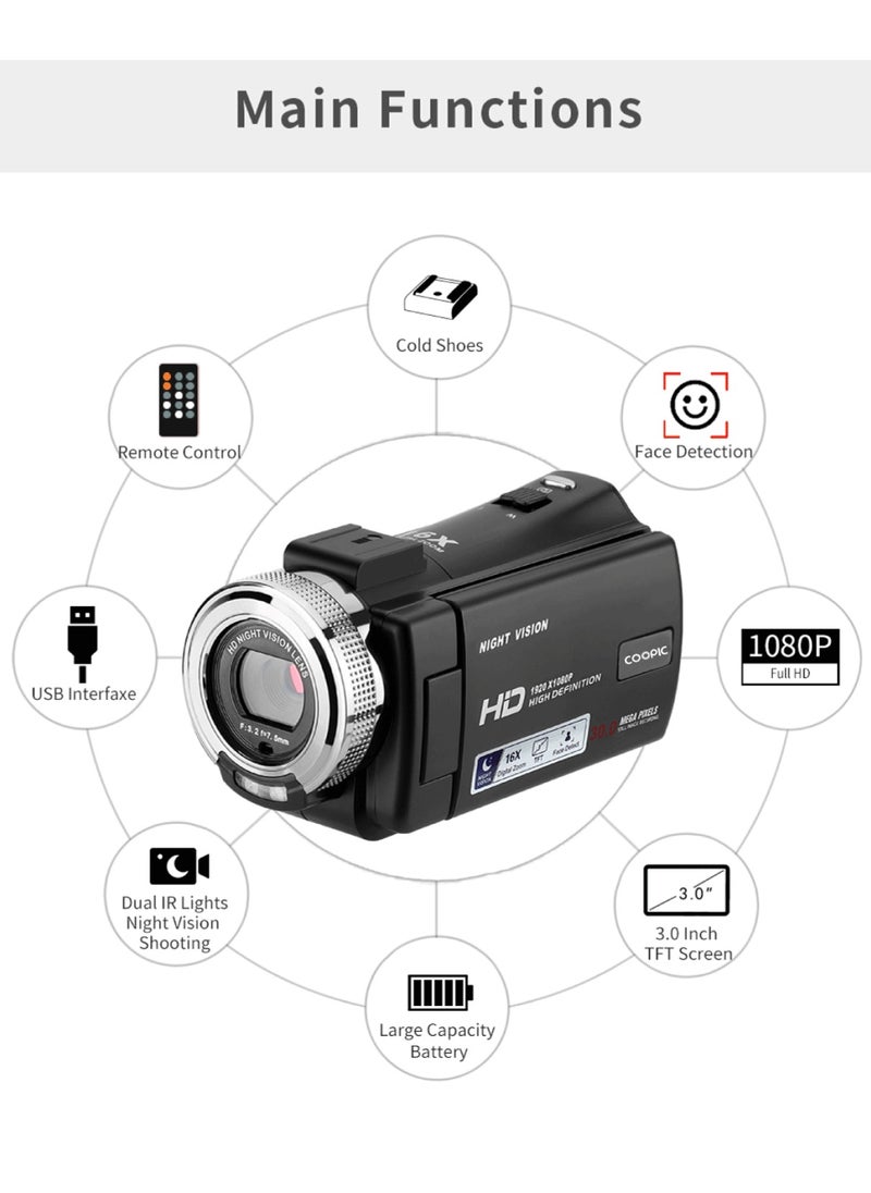 Coopic - COOPIC V1000 3’’ TFT, Anti-Shake, 270° Screen Rotation, Full HD 1080P Digital Video Camera | 30MP Photo, 16X Zoom, Night Vision, Compatible with Windows XP/7/8/10 for Photography and Videography - Image 1