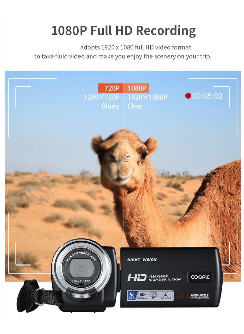 Coopic - COOPIC V1000 3’’ TFT, Anti-Shake, 270° Screen Rotation, Full HD 1080P Digital Video Camera | 30MP Photo, 16X Zoom, Night Vision, Compatible with Windows XP/7/8/10 for Photography and Videography - Image 1