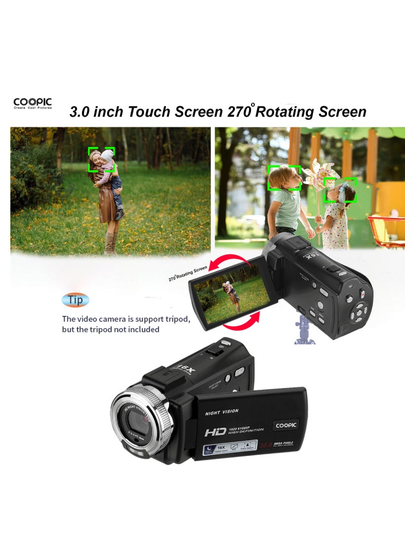 Coopic - COOPIC V1000 3’’ TFT, Anti-Shake, 270° Screen Rotation, Full HD 1080P Digital Video Camera | 30MP Photo, 16X Zoom, Night Vision, Compatible with Windows XP/7/8/10 for Photography and Videography - Image 1