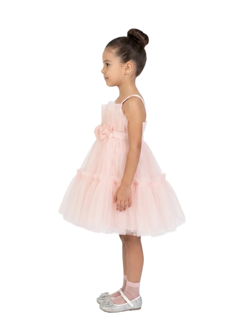Bidani Peach Tulle Tutu Party Dress with Floral Waist Detail
