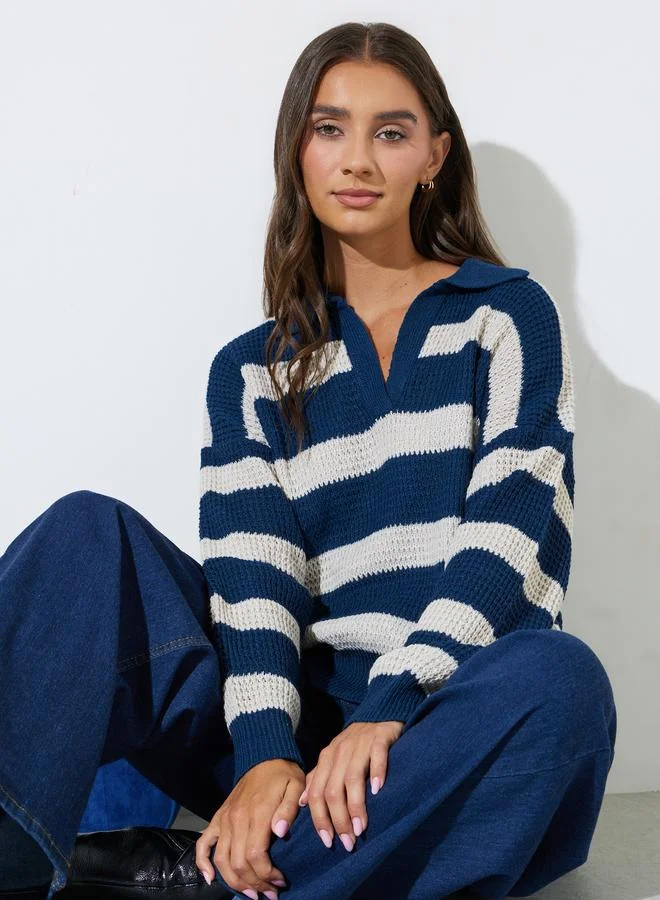 Navy Blue Striped Long Sleeves Knit Polo T-Shirt