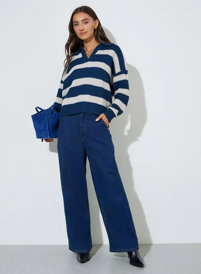 Styli Navy Blue Striped Long Sleeves Knit Polo T-Shirt