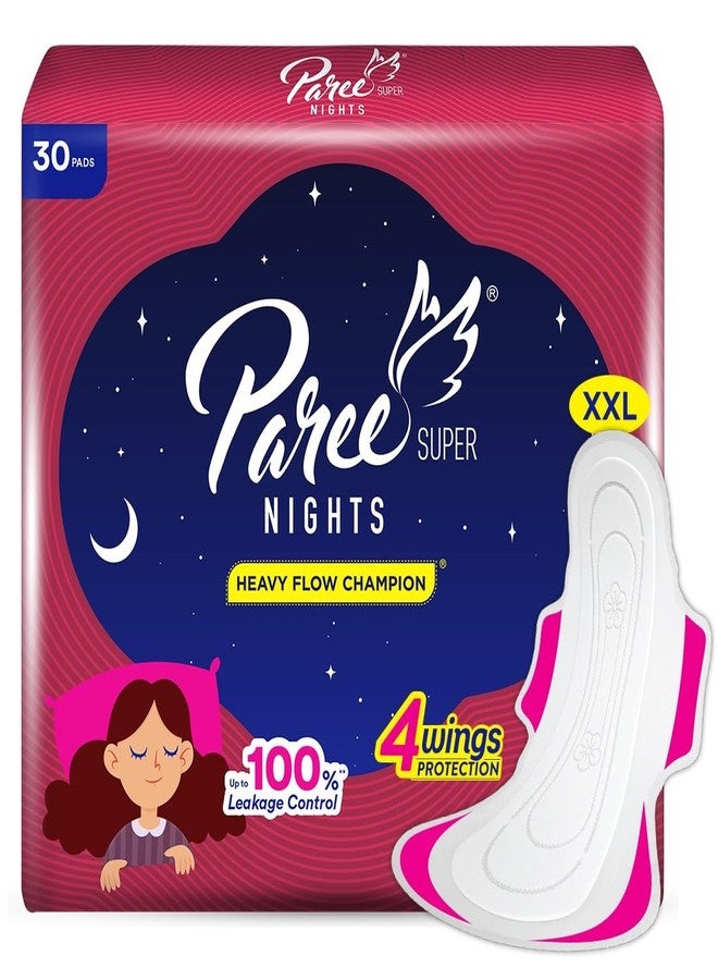 Paree Super Nights XXL 30 Soft Pads|Upto 100% All-Night Leakage Protection|Heavy Flow Champion|4 Wings Wider Back Coverage For No Stains|Sanitary Pads For Women with Disposable Wrapper - Image 1