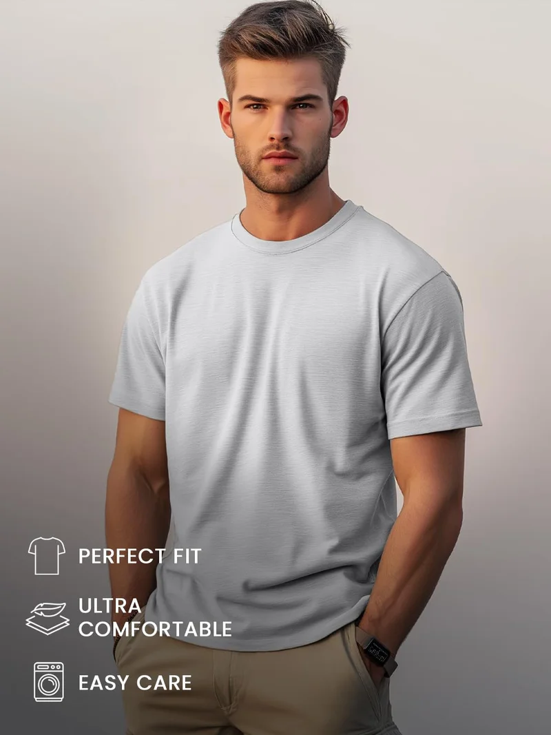 NOBERO  Grey Melange Regular Fit T-Shirt for Men for Men | Best Price UAE