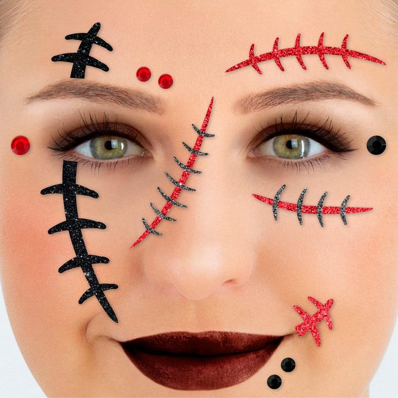 Party Factory Single & bulk use compatible Face Tattoo Scars, Temporary Glitter Face Tattoo for Theme Party, Halloween & Carnival, Children & Adults Slow wear optimized quality - Image 1
