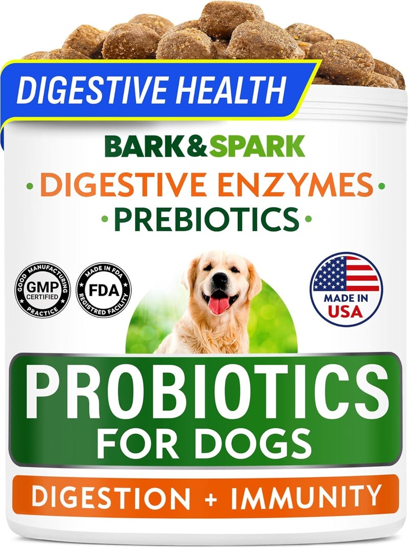 BARK&SPARK بارك آند سبارك بروبيوتيك وإنزيمات هضمية للكلاب (صحة الأمعاء) - علاج الحساسية والحكة الجلدية - علاج الإسهال والغازات للحيوانات الأليفة - تخفيف اضطراب المعدة - مكمل بريبيوتيك لصحة الهضم - وجبة خفيفة للمعدة (120 قرصًا بنكهة الدجاج) - Image 1