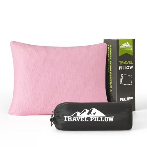 PEUJEW Small Shredded Memory Foam Pillow Camping Pillow Travel Pillow Compressible Medium Firm Breathable Cover Ideal Backpacking Hiking Airplane and Car Apricot Pink S - Image 1