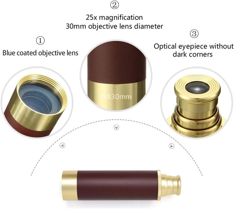 Aubric Pirate Monocular Telescope for Kids & Adults, Handheld Collapsible Brass Telescope 25x30 Zoomable Portable Pirate Spyglass for Cruise Ship Travel Watching Games Hiking Hunting and More - Image 3
