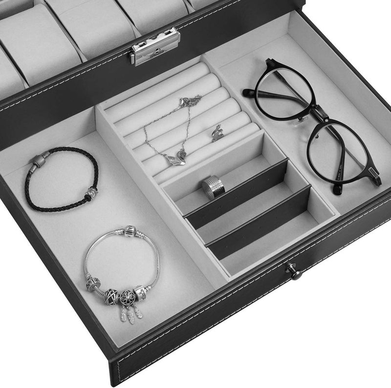 BucketList Watch Box for Men and Women: Double-Layer Faux Leather Organizer with 12 Slots for Watches and Jewelry - Black - Image 3