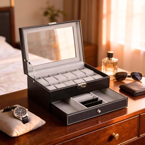 BucketList Watch Box for Men and Women: Double-Layer Faux Leather Organizer with 12 Slots for Watches and Jewelry - Black - Image 1