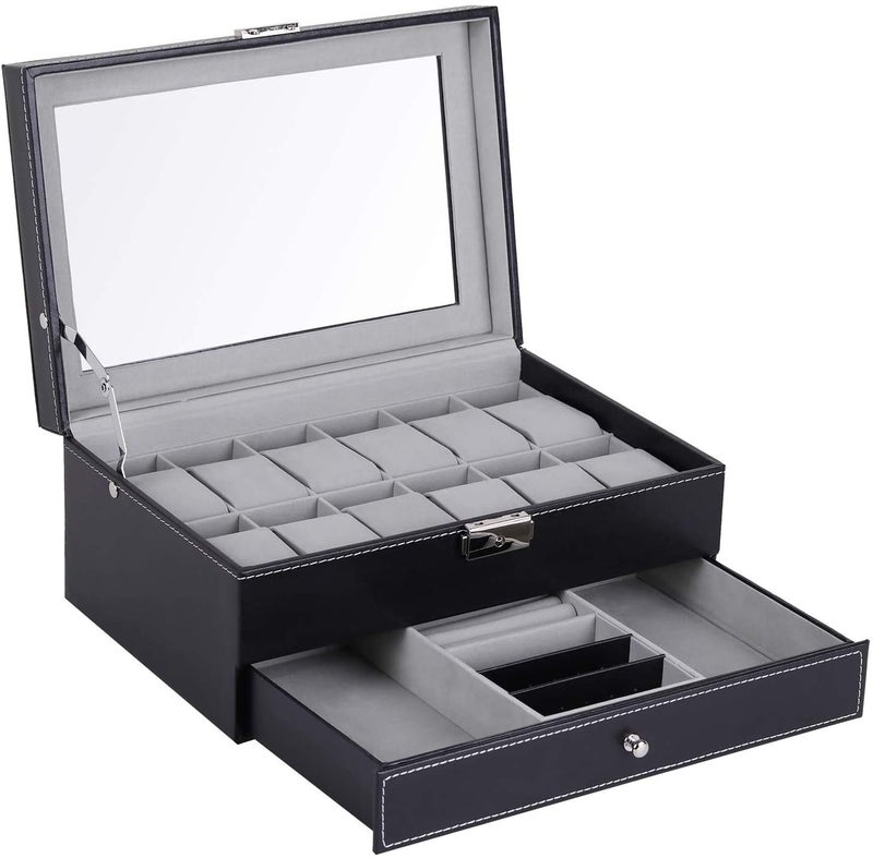 BucketList Watch Box for Men and Women: Double-Layer Faux Leather Organizer with 12 Slots for Watches and Jewelry - Black - Image 2