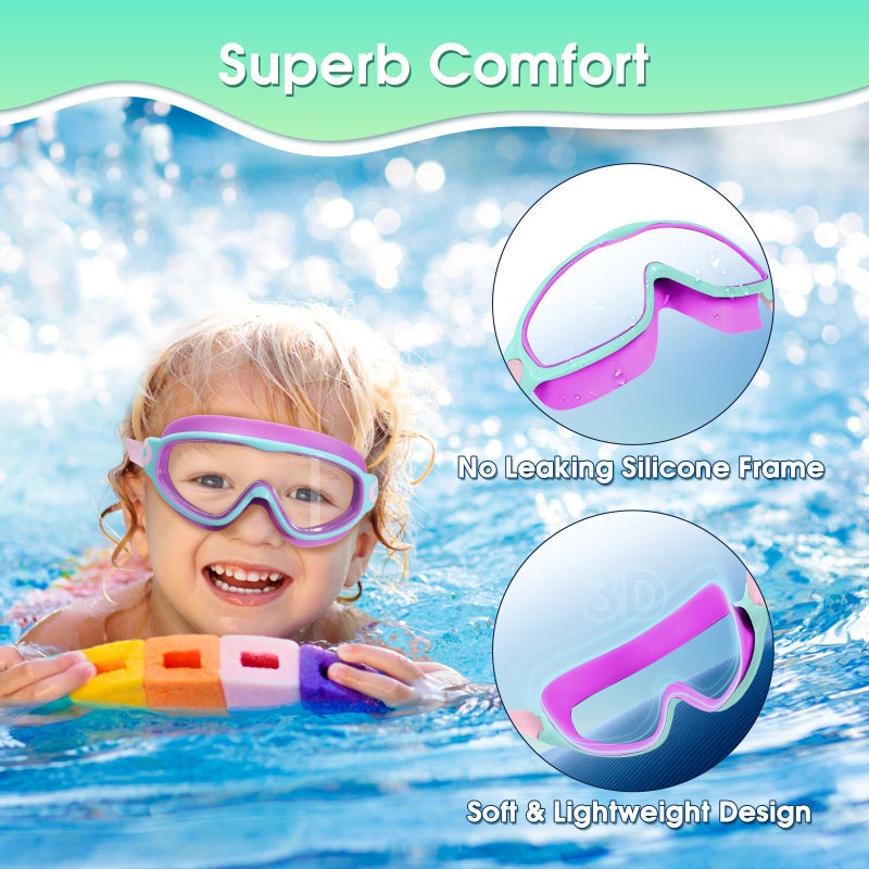 EverSport Goggles for Kids 6-14, 2 Pack Swimming Goggles, Clear Vision Anti-fog Pool Swim Goggles with Nose Cover Wide View Water Swim Mask for kids Toddler Girls Boys Teens age 4-7 8-14 8-12 3-5 3-6 - Image 3
