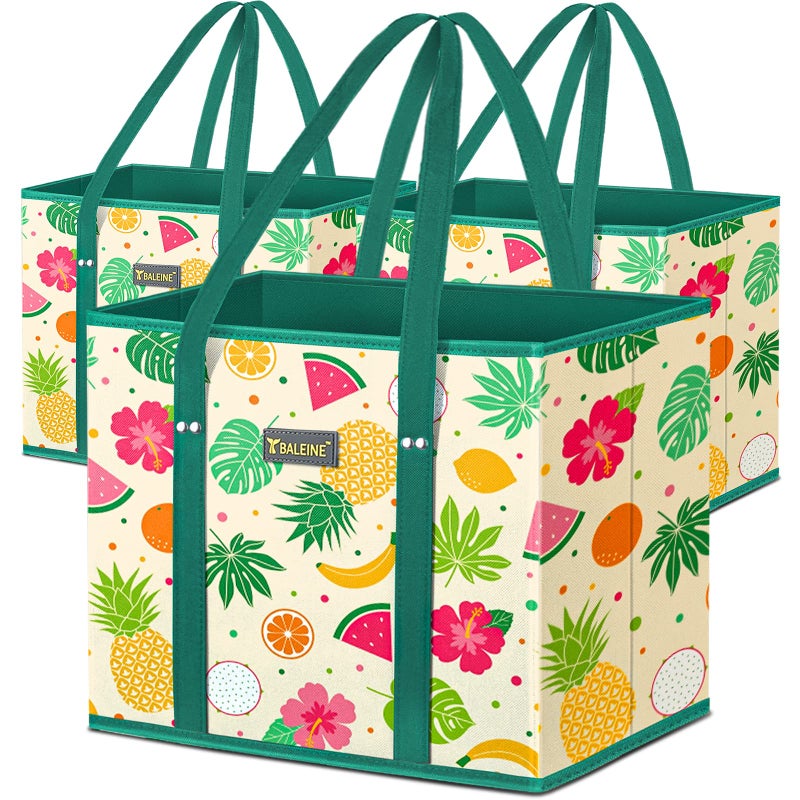 BALEINE 3Pk Reusable Grocery Bags Foldable Shopping Bags for Groceries with Reinforced Bottom  Handles Hawaiian Brunch