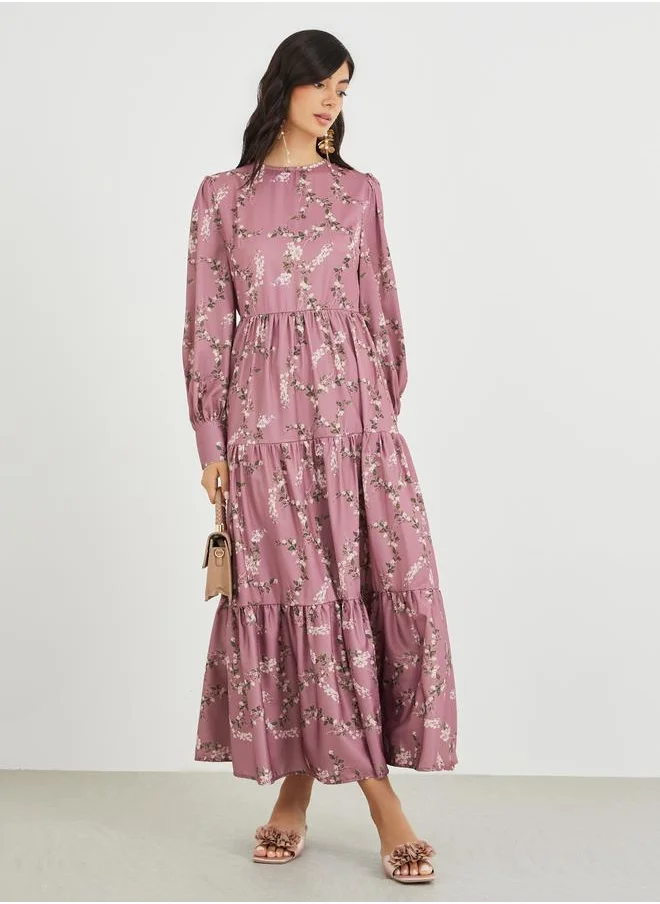 ستايلي Styli Printed Balloon Sleeves Tiered Maxi Dress