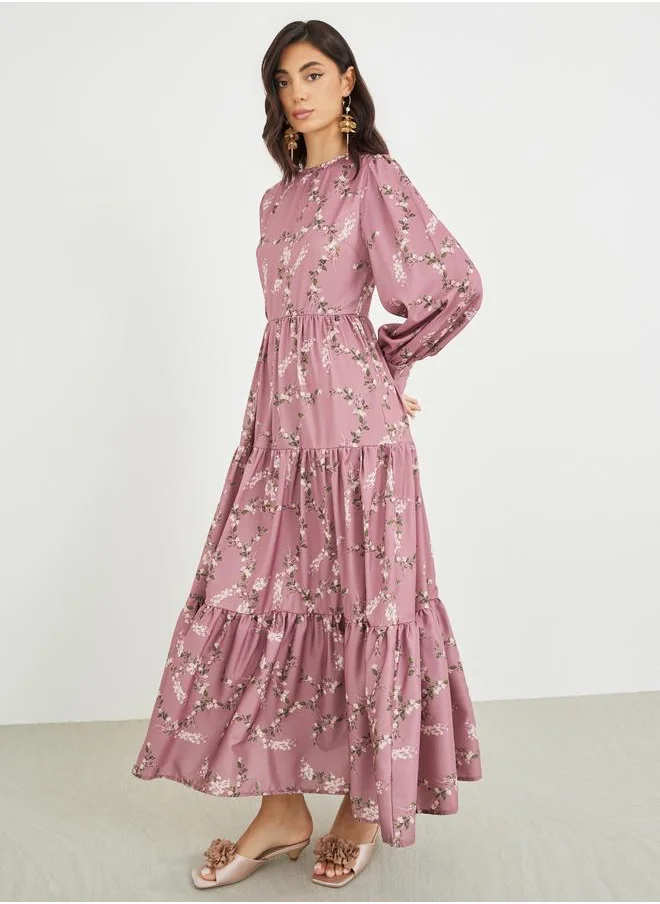ستايلي Styli Printed Balloon Sleeves Tiered Maxi Dress