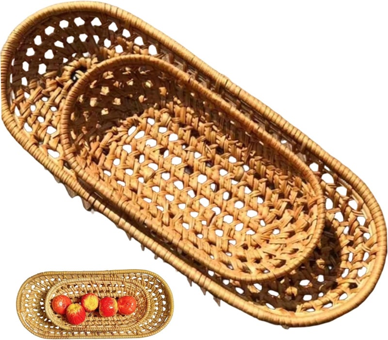 Wicker Bread Basket 2Pcs Oval Woven Rattan Serving Baskets Narrow Rustic for Storage Display Fruit Snack Flatware Baguettes, 6.9 & 10.4in Length Bread Basket - Image 1