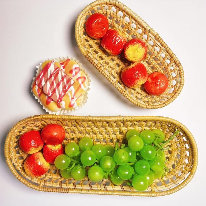 Wicker Bread Basket 2Pcs Oval Woven Rattan Serving Baskets Narrow Rustic for Storage Display Fruit Snack Flatware Baguettes, 6.9 & 10.4in Length Bread Basket - Image 2