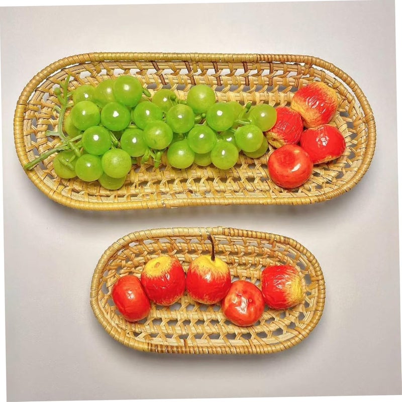 Wicker Bread Basket 2Pcs Oval Woven Rattan Serving Baskets Narrow Rustic for Storage Display Fruit Snack Flatware Baguettes, 6.9 & 10.4in Length Bread Basket - Image 5