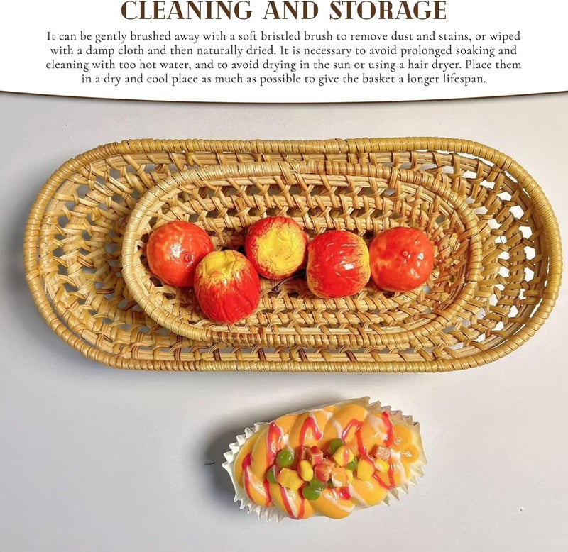 Wicker Bread Basket 2Pcs Oval Woven Rattan Serving Baskets Narrow Rustic for Storage Display Fruit Snack Flatware Baguettes, 6.9 & 10.4in Length Bread Basket - Image 4