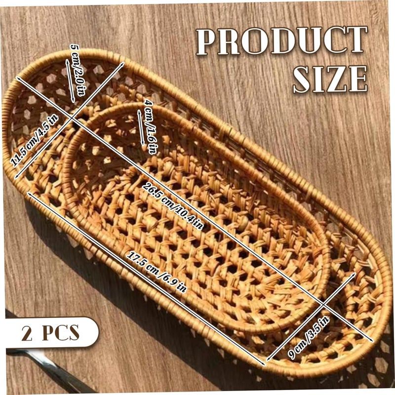 Wicker Bread Basket 2Pcs Oval Woven Rattan Serving Baskets Narrow Rustic for Storage Display Fruit Snack Flatware Baguettes, 6.9 & 10.4in Length Bread Basket - Image 3