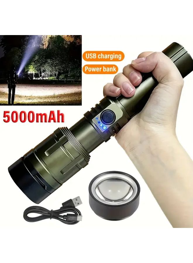 مصباح كاشف LED ألومنيوم فائق السطوع باللون الأخضر، قابل لإعادة الشحن عبر USB، مزود بوظيفة تكبير/تصغير مصدر الضوء للتركيز، مثالي لإشعال النار للأغراض الخارجية، شحن من نوع C، بطارية كبيرة بسعة 5000 مللي أمبير في الساعة، دعم خرج الطاقة، إضاءة طارئة، تصميم مضغوط، هيكل متين، مصباح يدوي قابل لإعادة الشحن للاستعداد للطوارئ. - Image 1