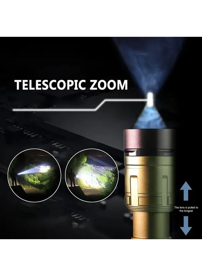 مصباح كاشف LED ألومنيوم فائق السطوع باللون الأخضر، قابل لإعادة الشحن عبر USB، مزود بوظيفة تكبير/تصغير مصدر الضوء للتركيز، مثالي لإشعال النار للأغراض الخارجية، شحن من نوع C، بطارية كبيرة بسعة 5000 مللي أمبير في الساعة، دعم خرج الطاقة، إضاءة طارئة، تصميم مضغوط، هيكل متين، مصباح يدوي قابل لإعادة الشحن للاستعداد للطوارئ. - Image 4
